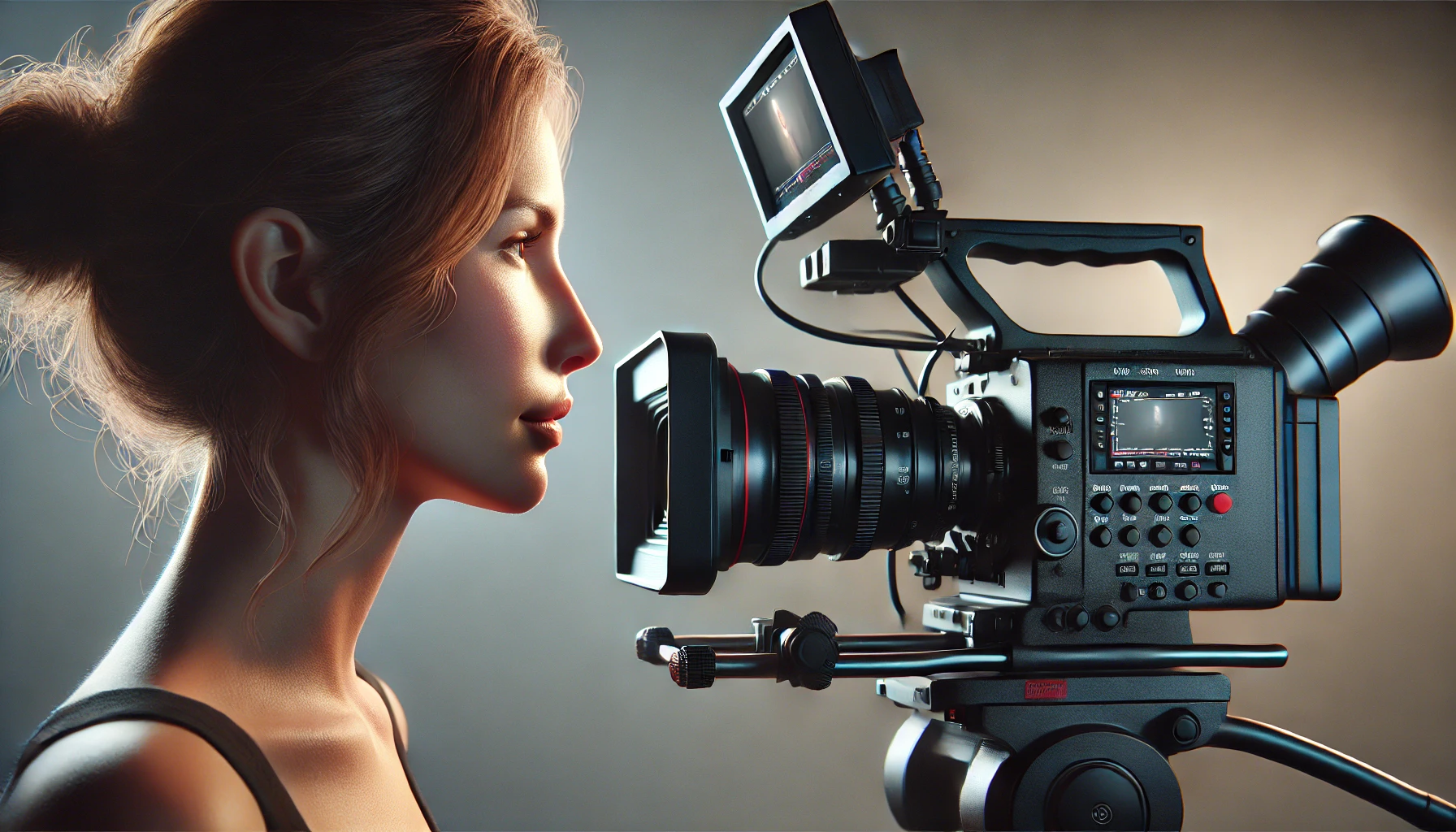 A woman in profile, closely monitored by a professional video camera at eye level, emphasizing her lack of privacy and the intense, scrutinizing atmosphere.