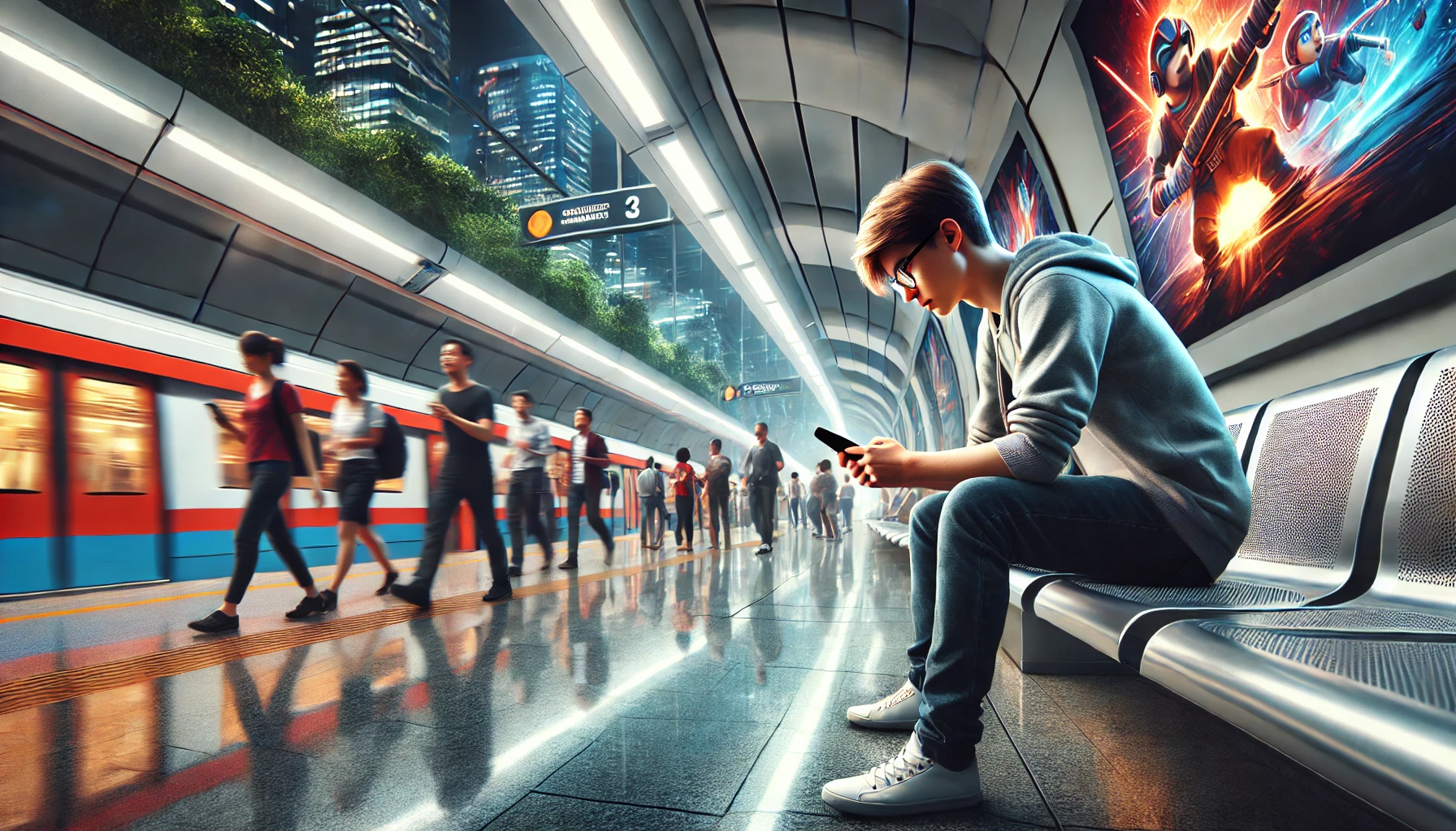 a commuter playing a mobile game at a busy subway station.