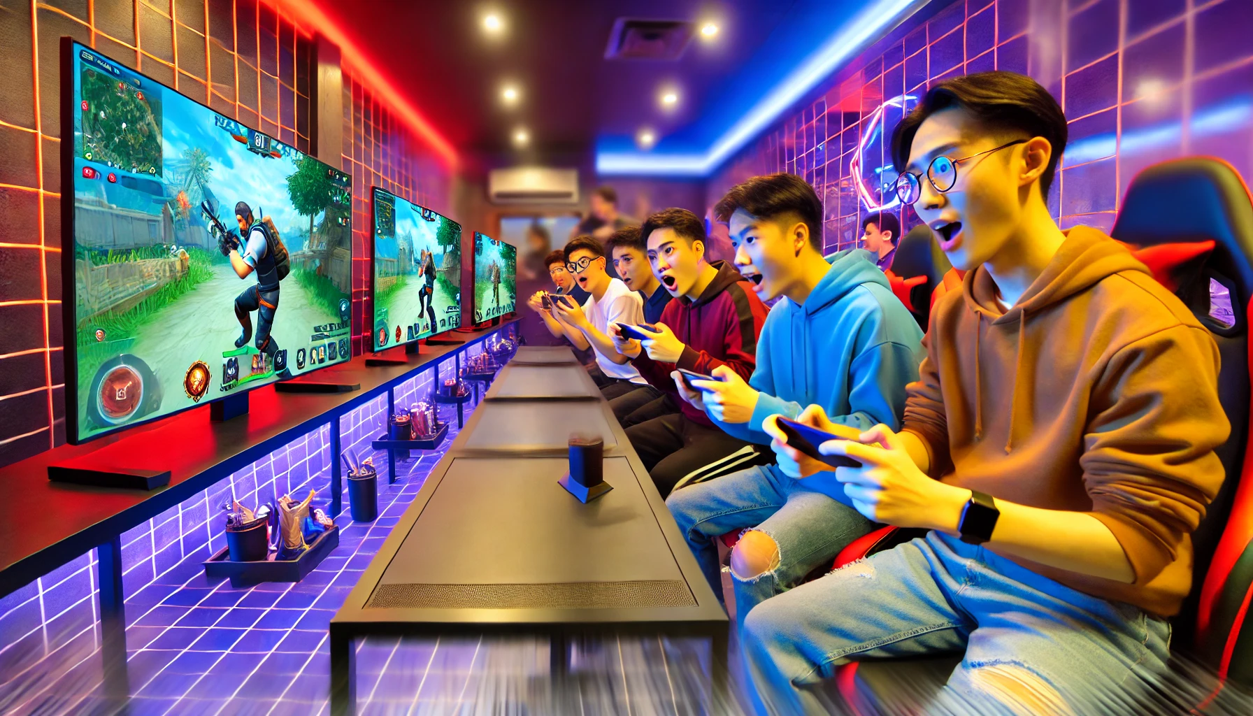 a modern gaming cafe where a group of friends are playing competitive mobile games on their smartphones.
