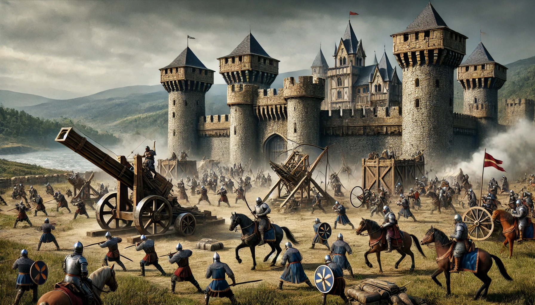 A photorealistic medieval-style battle scene featuring an army laying siege to a castle, inspired by the game Siege Up