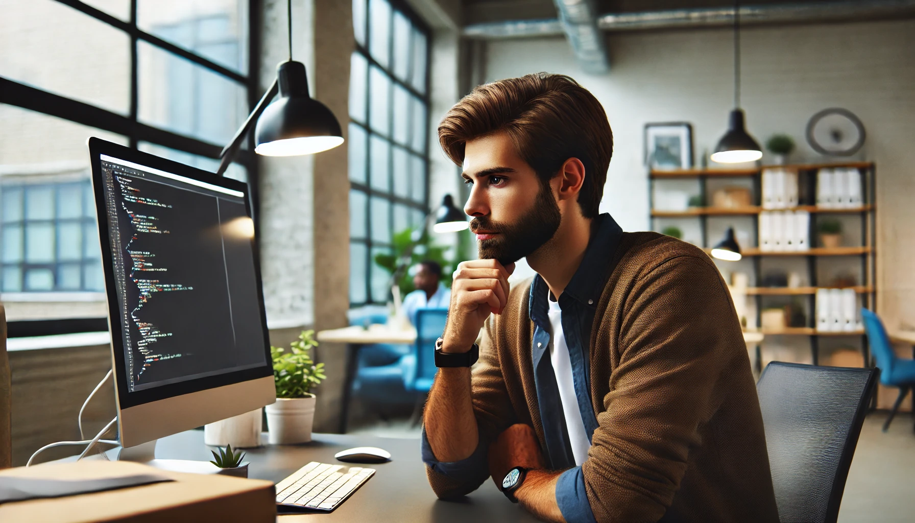 A thoughtful developer is working in a modern, well-lit office environment for creation a game with location tracking feature.