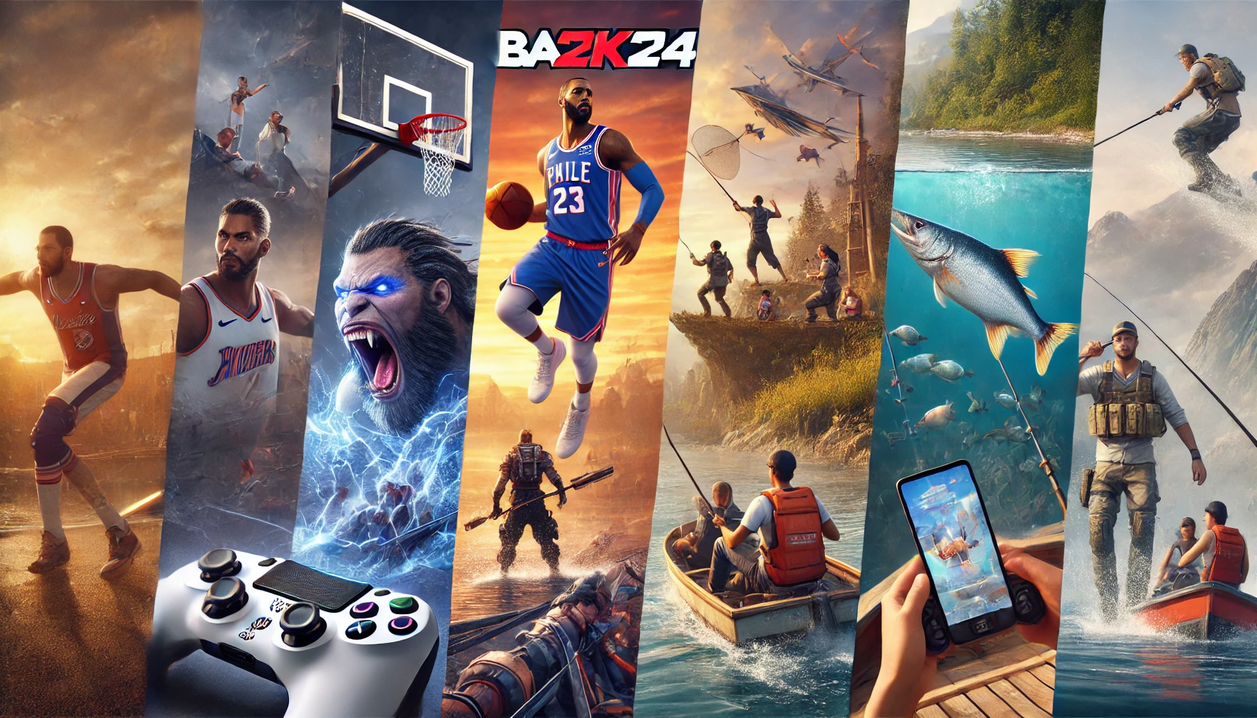 The gameplay scenes of top mobile games from 2024. The image showcases elements like intense basketball action from NBA 2K24, dynamic combat from Withering Waves, and serene fishing environments from Fishing Life, all blended together in a visually striking composition.