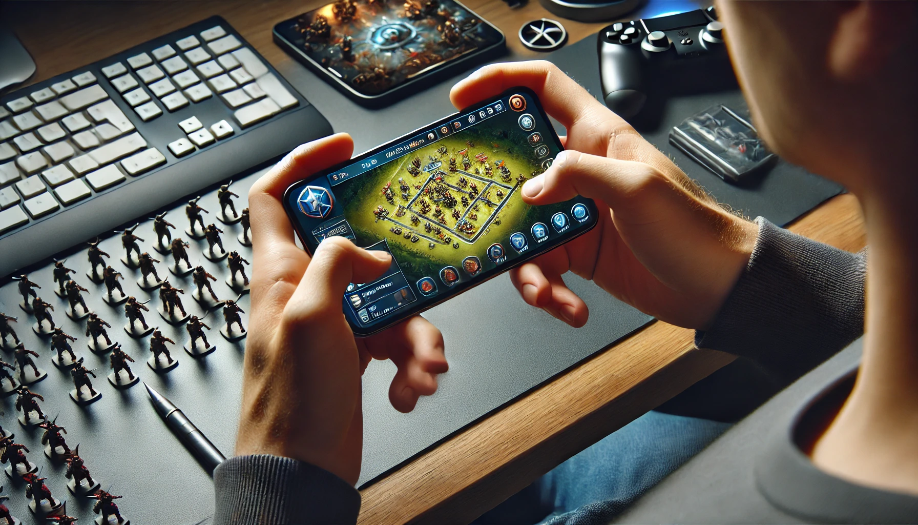 A person using a mobile device, immersed in playing a strategy game. The screen shows a detailed game interface with elements like troops, resources, and maps. The background includes other devices and gaming accessories, emphasizing a gaming setup.