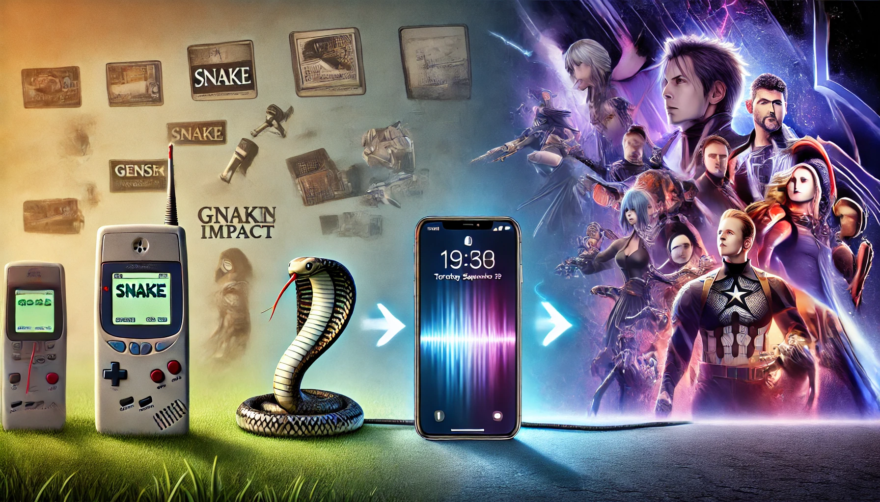 The transformation of mobile gaming. It features a side-by-side comparison of an old mobile phone playing Snake and a modern smartphone with advanced games like Genshin Impact and Among Us on the screen. The background illustrates the progression with elements from different gaming eras, highlighting key milestones in mobile gaming history.