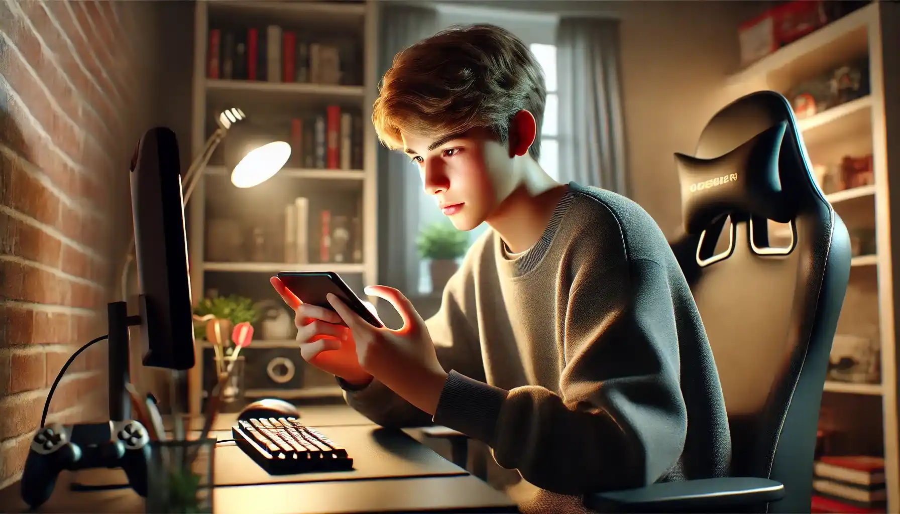 A boy is sitting at home, deeply focused on playing a mobile game on his smartphone.