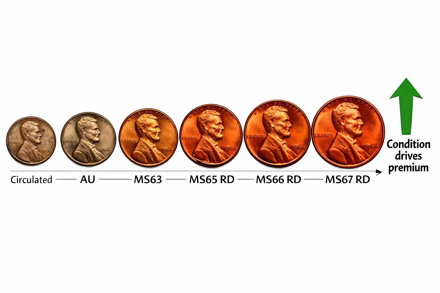 1966 Lincoln cent grade progression from Circulated to MS67 RD with upward arrow showing how condition drives premium.
